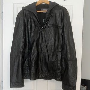 Faux leather unisex jacket. You can remove the hood and just use the jacket.